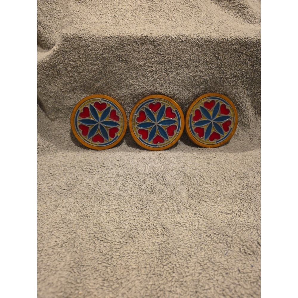 3 Cork Back Coasters Stained Glass‎ Tops With Hearts Amd Flowers Wooden